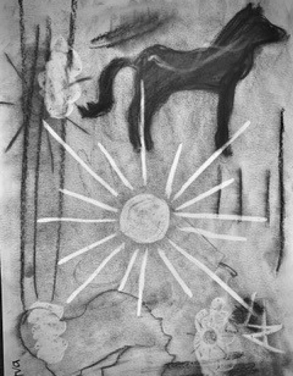 Charcoal Drawing of a sun and horse