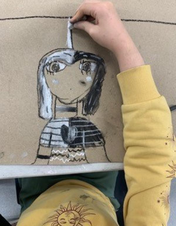 Black and white drawing of a girl