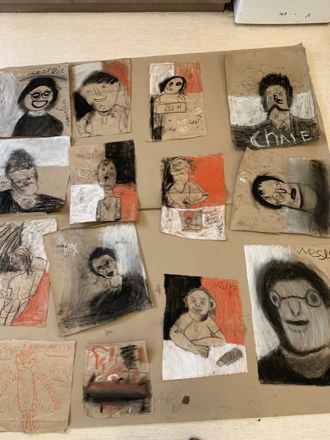Multiple images of portraits drawn with pencil, charcoal and pastels.