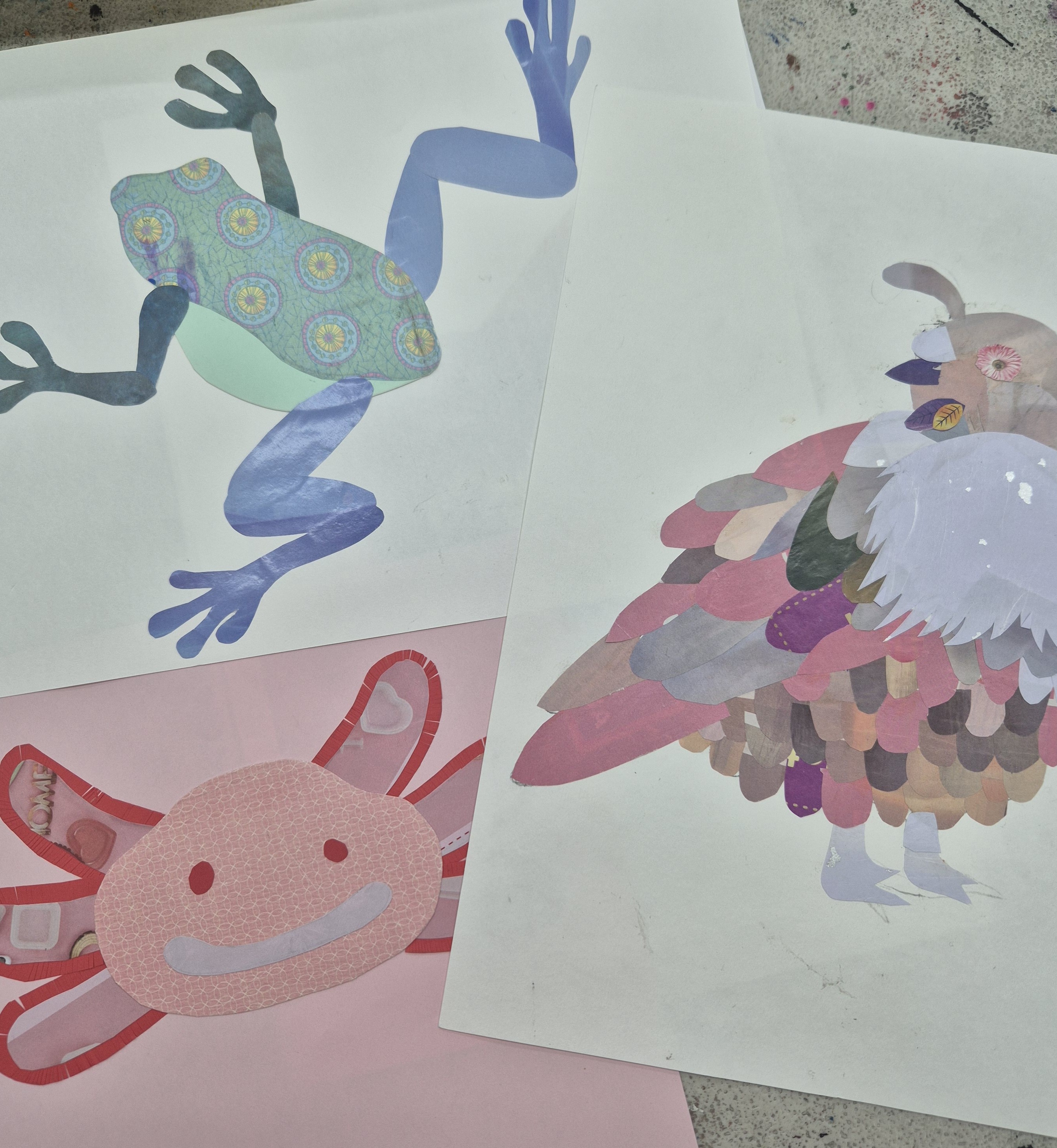 Frog, bird and face made with patterned paper