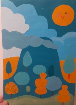A mountain with colourful trees, clouds and a smiling sun