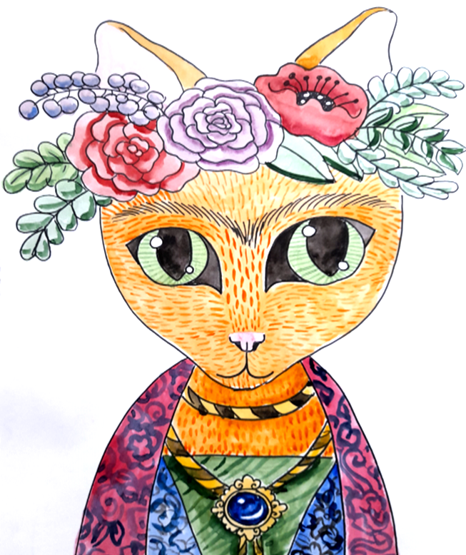 Texta drawing of a cat with flowers on the head