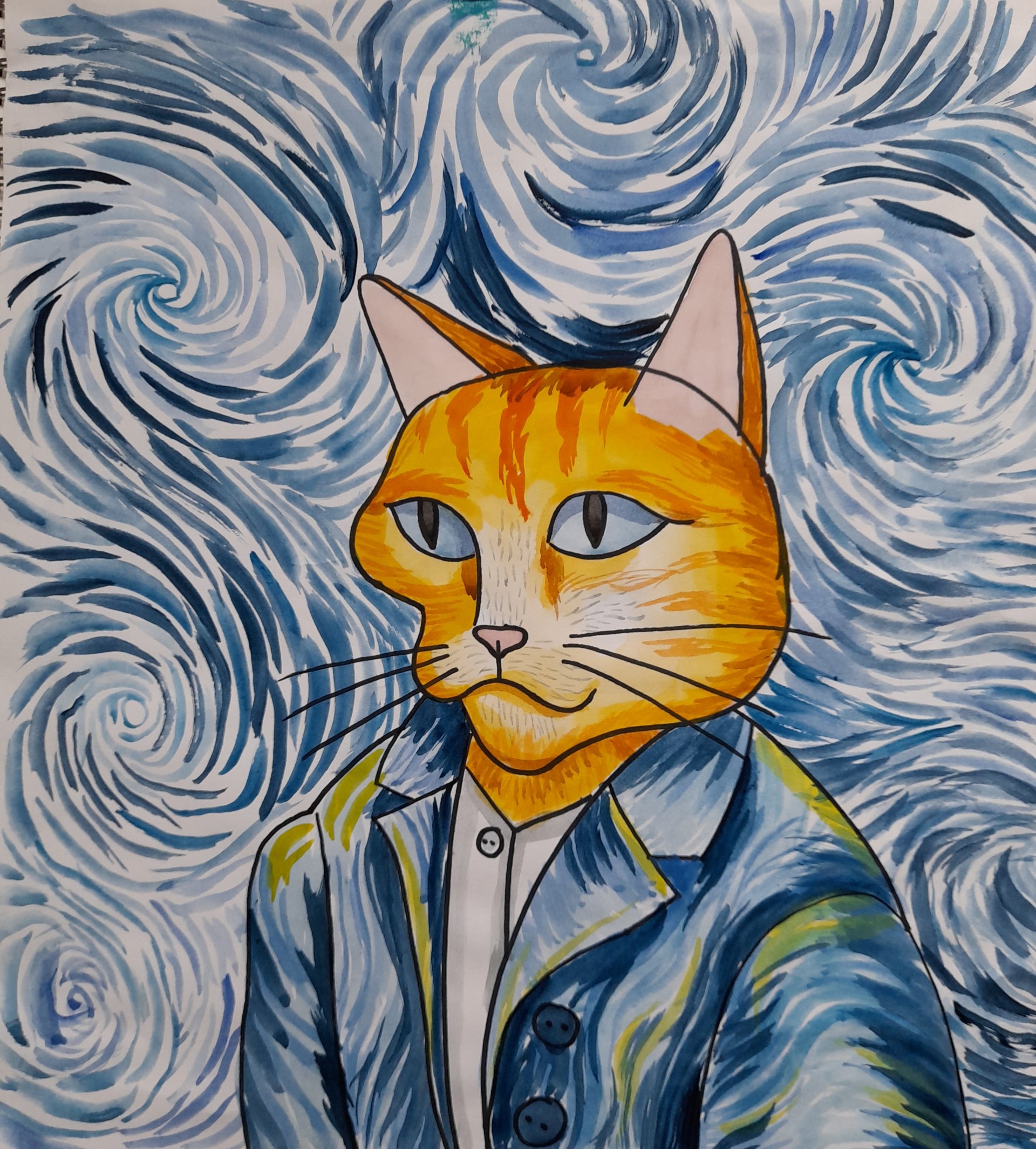 Cat drawn in the style of Van Gogh