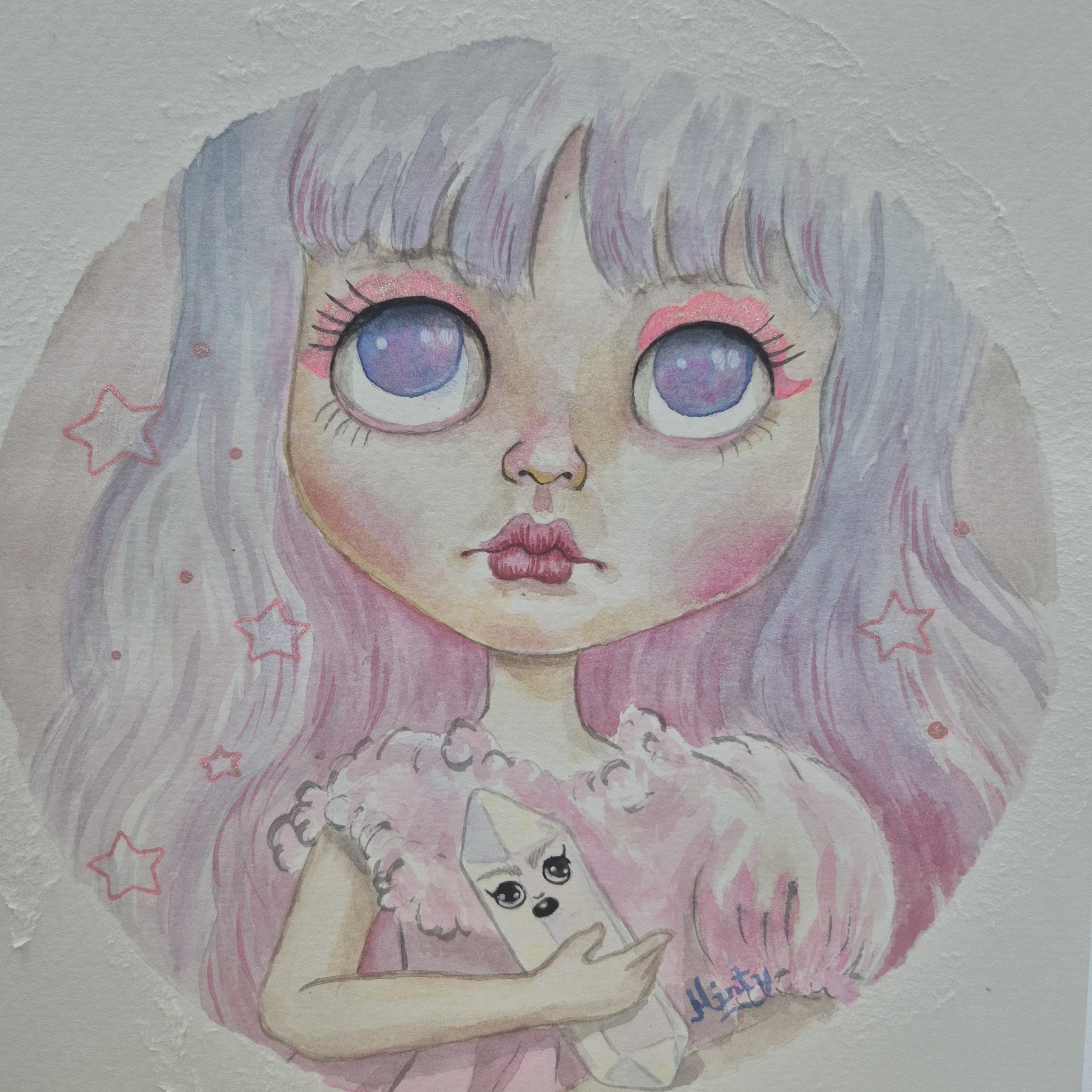 Girl with long hair, holding a crystal, coloured in pink and purple.