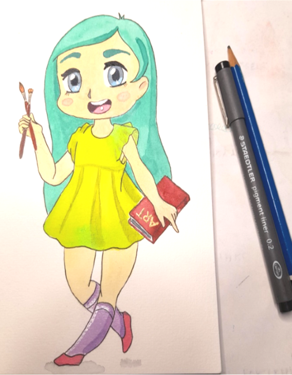 Stylised drawing of a girl with blue hair