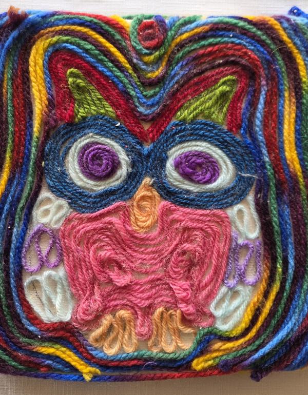 Textile owl picture made from wool