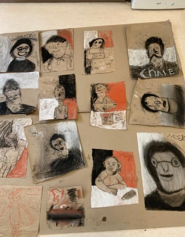Multiple images of portraits drawn with pencil, charcoal and pastels.