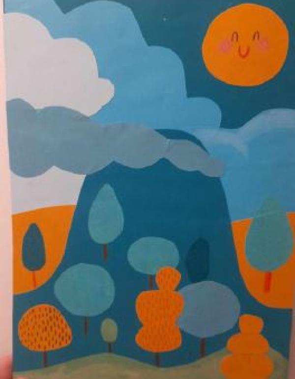 A mountain with colourful trees, clouds and a smiling sun