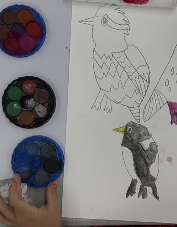 watercolour drawings of a black and white bird