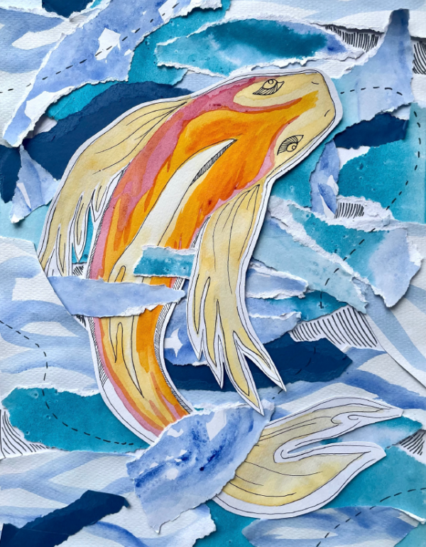Orange and yellow fish swimming in blue water.