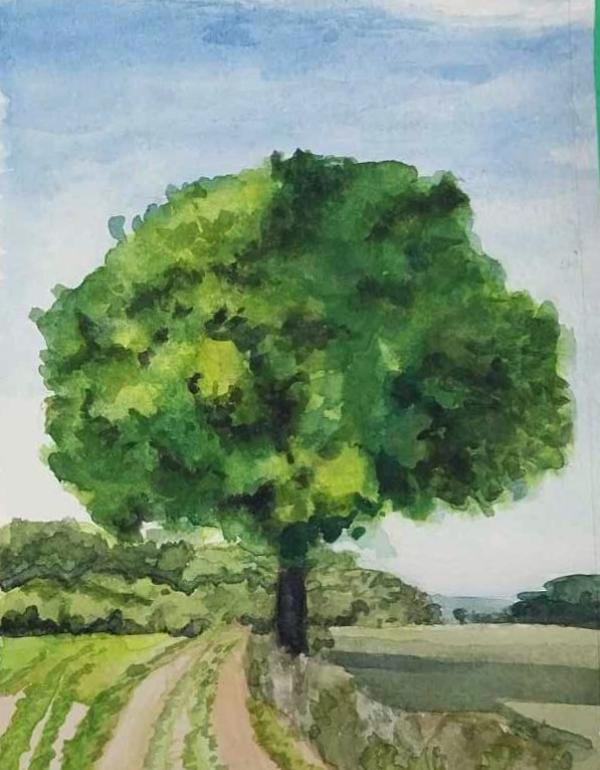A painting of a tree with green leaves