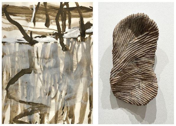 A painting and a ceramic piece, in complementary, earthy colours